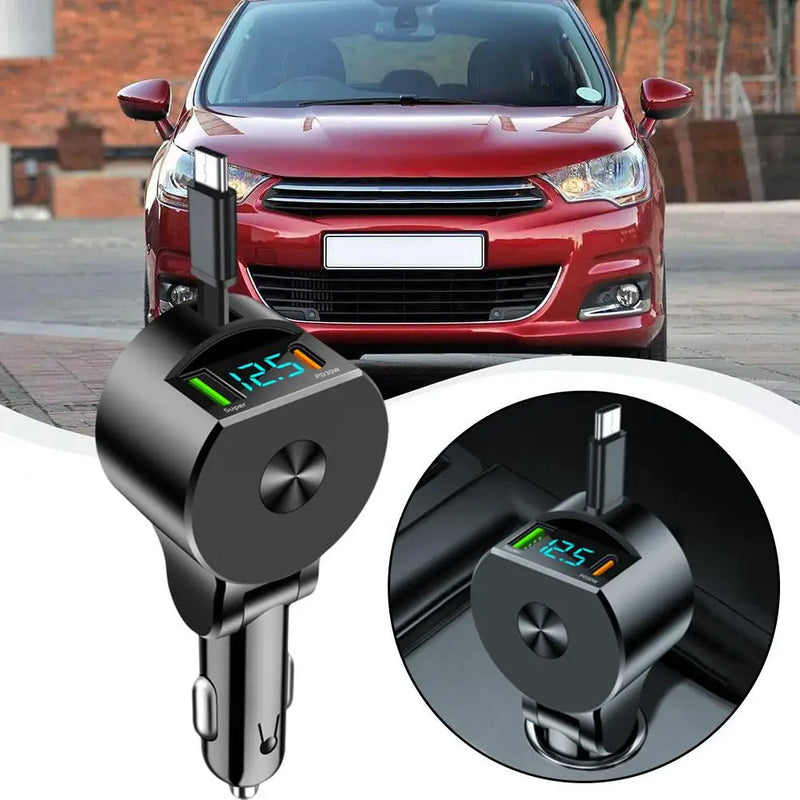 Three-in-One Retractable Cable Car Charger With 30W Super Fast Charge PD Multi-functional Extendable Cord For Automotive