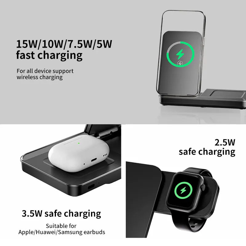 Magnetic Folding Three in One Wireless Charging Charger 15W Fast Charging Suitable for Apple Phone Watch Earphones