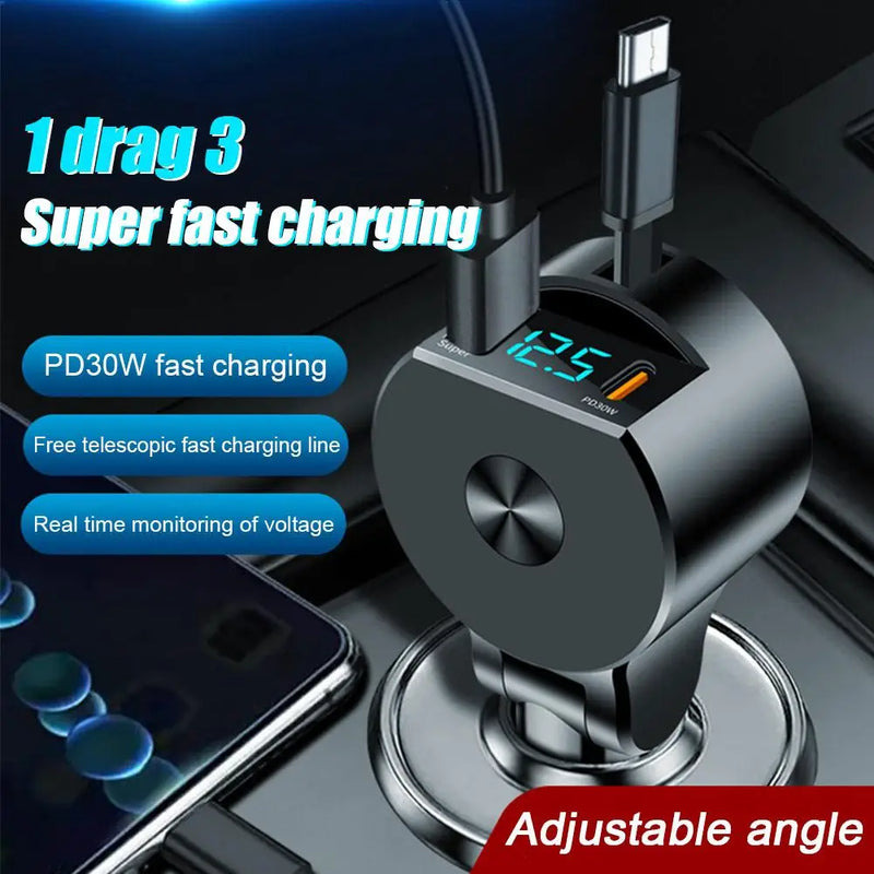 Three-in-One Retractable Cable Car Charger With 30W Super Fast Charge PD Multi-functional Extendable Cord For Automotive