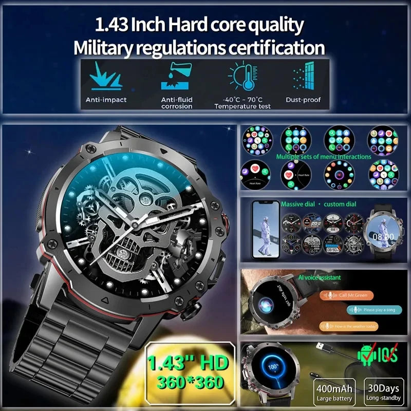 2023 New Smart Watch Men's Bluetooth Call Android IOS Mobile Heart Rate Monitoring Sports Waterproof 1.43-inch Round Smart Watch