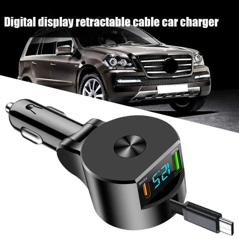 Three-in-One Retractable Cable Car Charger With 30W Super Fast Charge PD Multi-functional Extendable Cord For Automotive