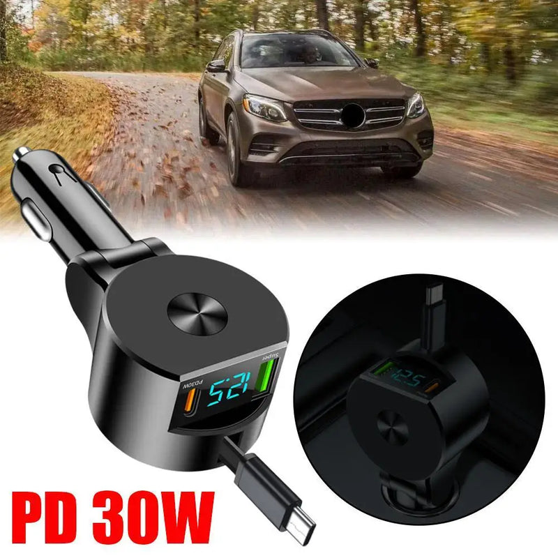 Three-in-One Retractable Cable Car Charger With 30W Super Fast Charge PD Multi-functional Extendable Cord For Automotive