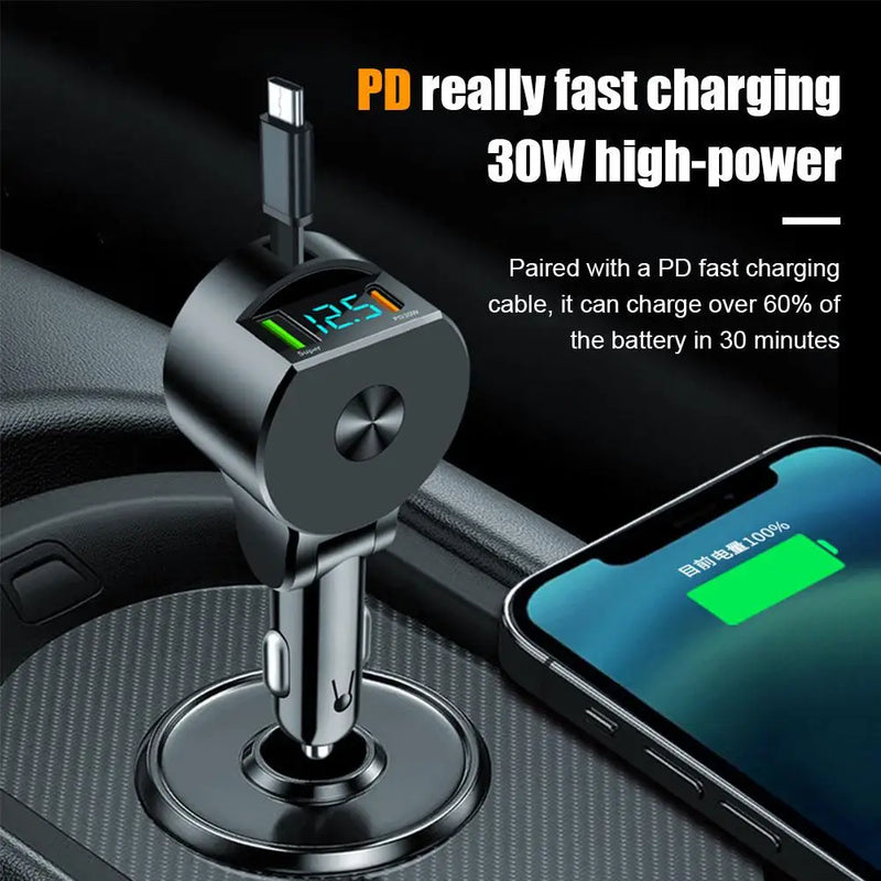 Three-in-One Retractable Cable Car Charger With 30W Super Fast Charge PD Multi-functional Extendable Cord For Automotive